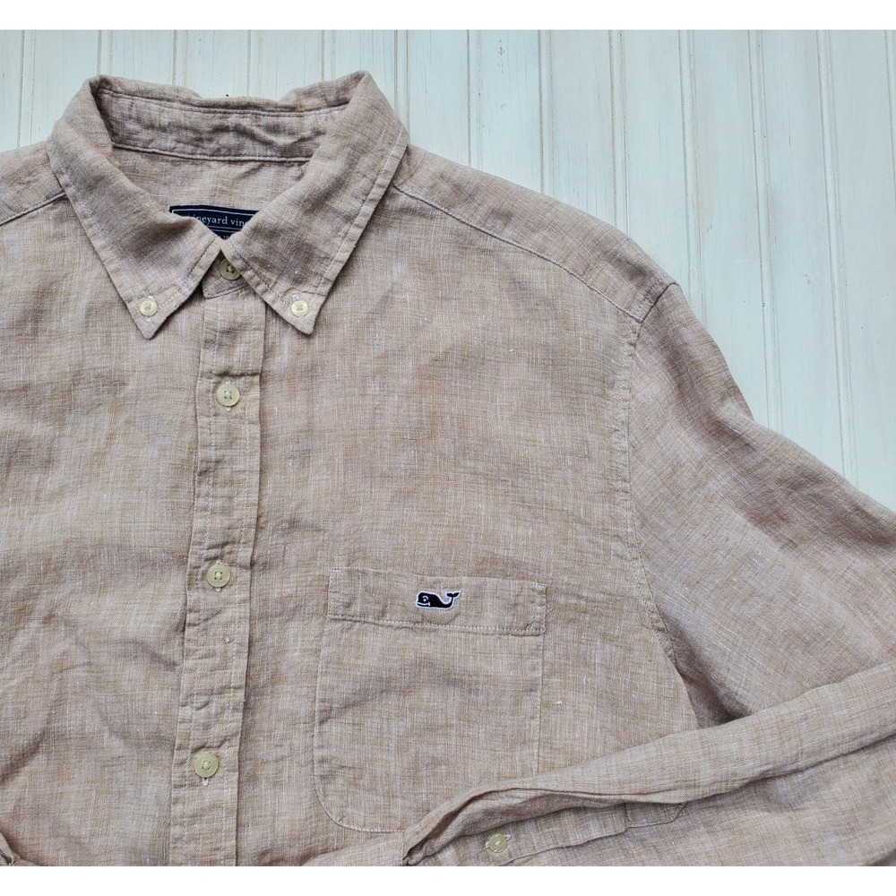 Vineyard Vines Mens 100% Linen Button Down Shirt Tan Whale Logo 1W011654 Large